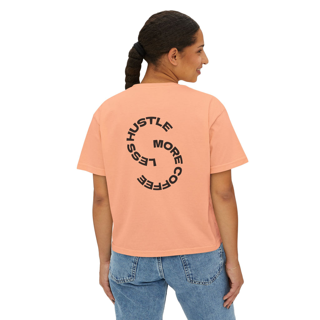 Women's Boxy Tee — "Less Hustle More Coffee" Graphic Crop Shirt