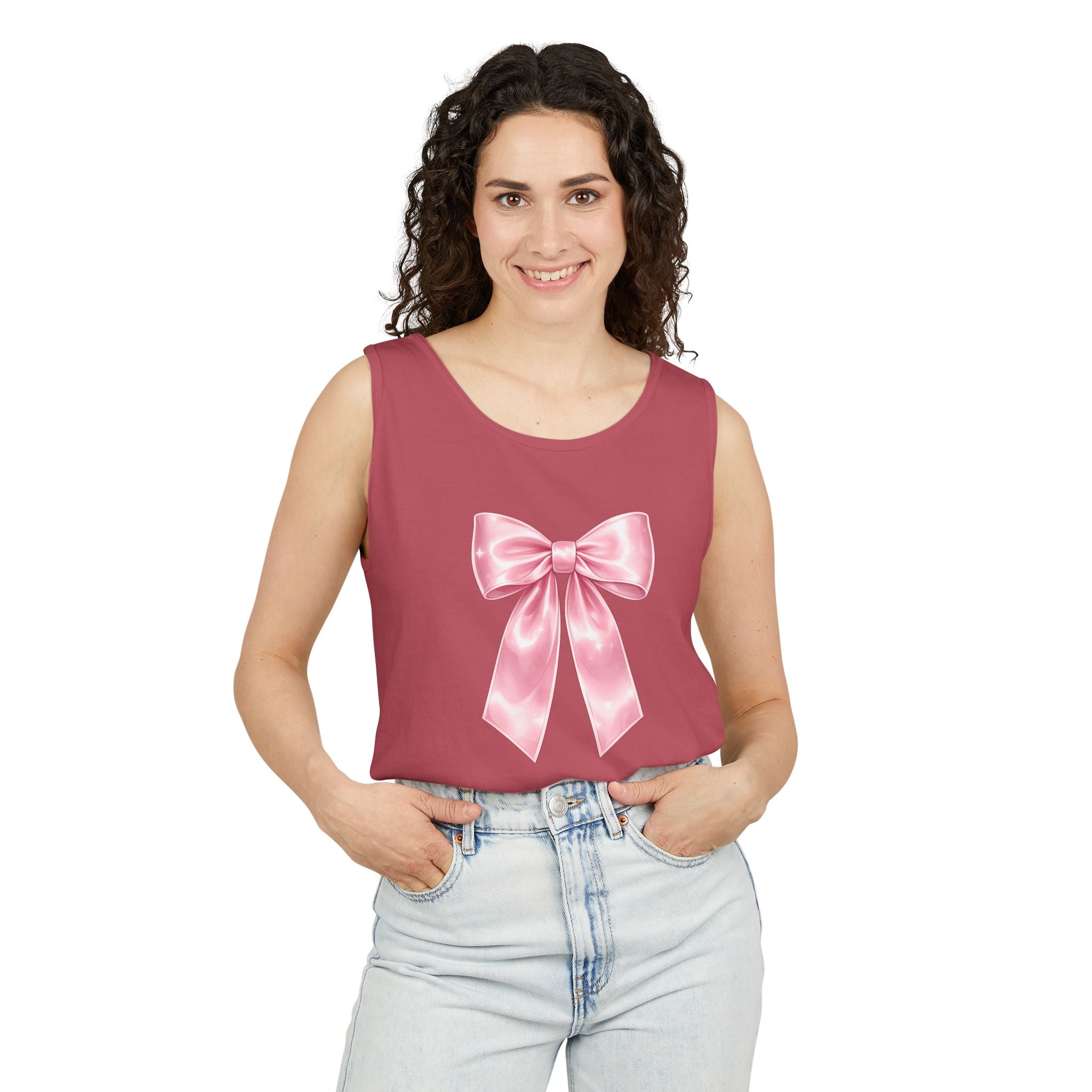 Pink Satin Bow Tank Top — Cute Giftable Ribbon Graphic Tank