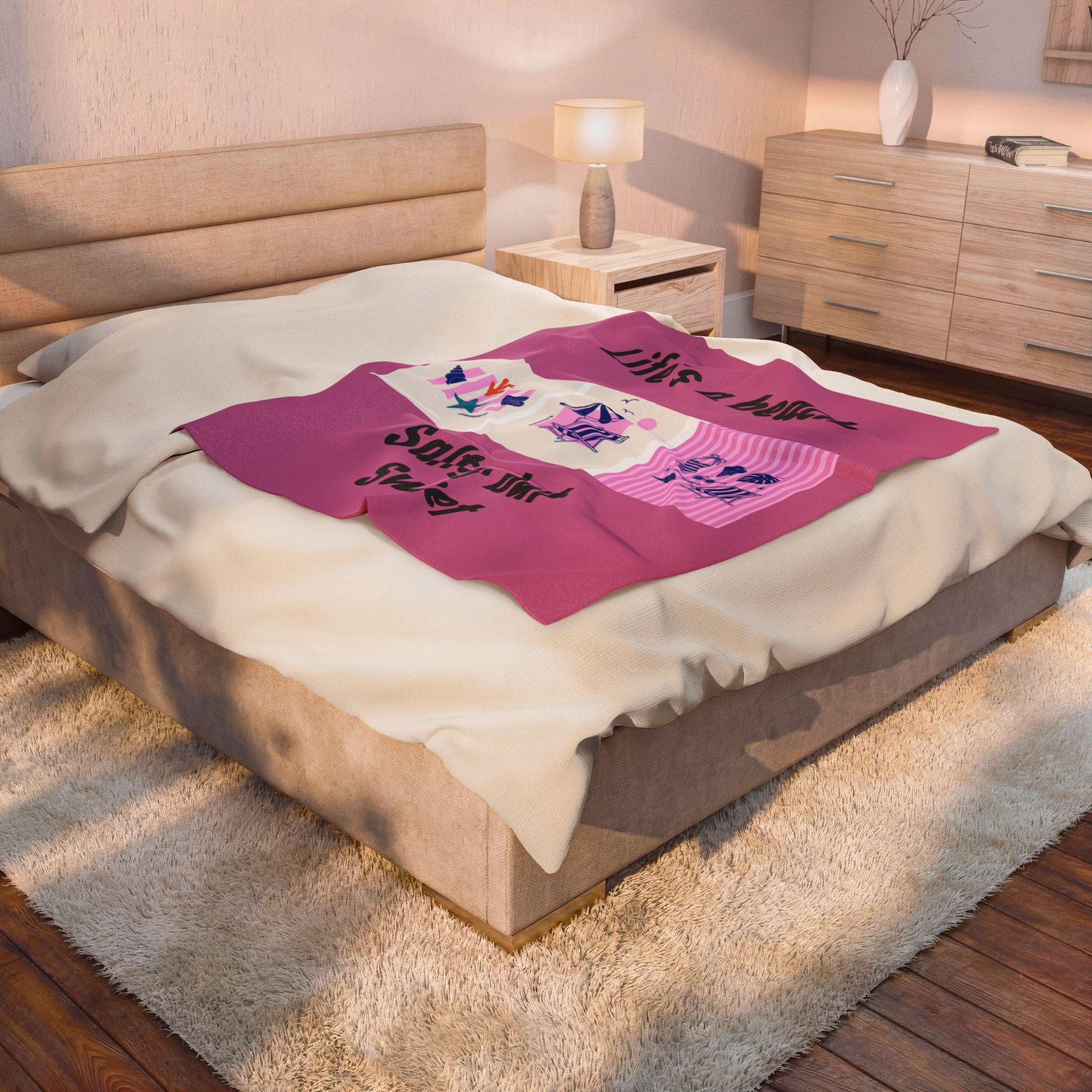 Beach Throw Blanket - "Life's a beach, Salty but Sweet" Velveteen Plush Blanket