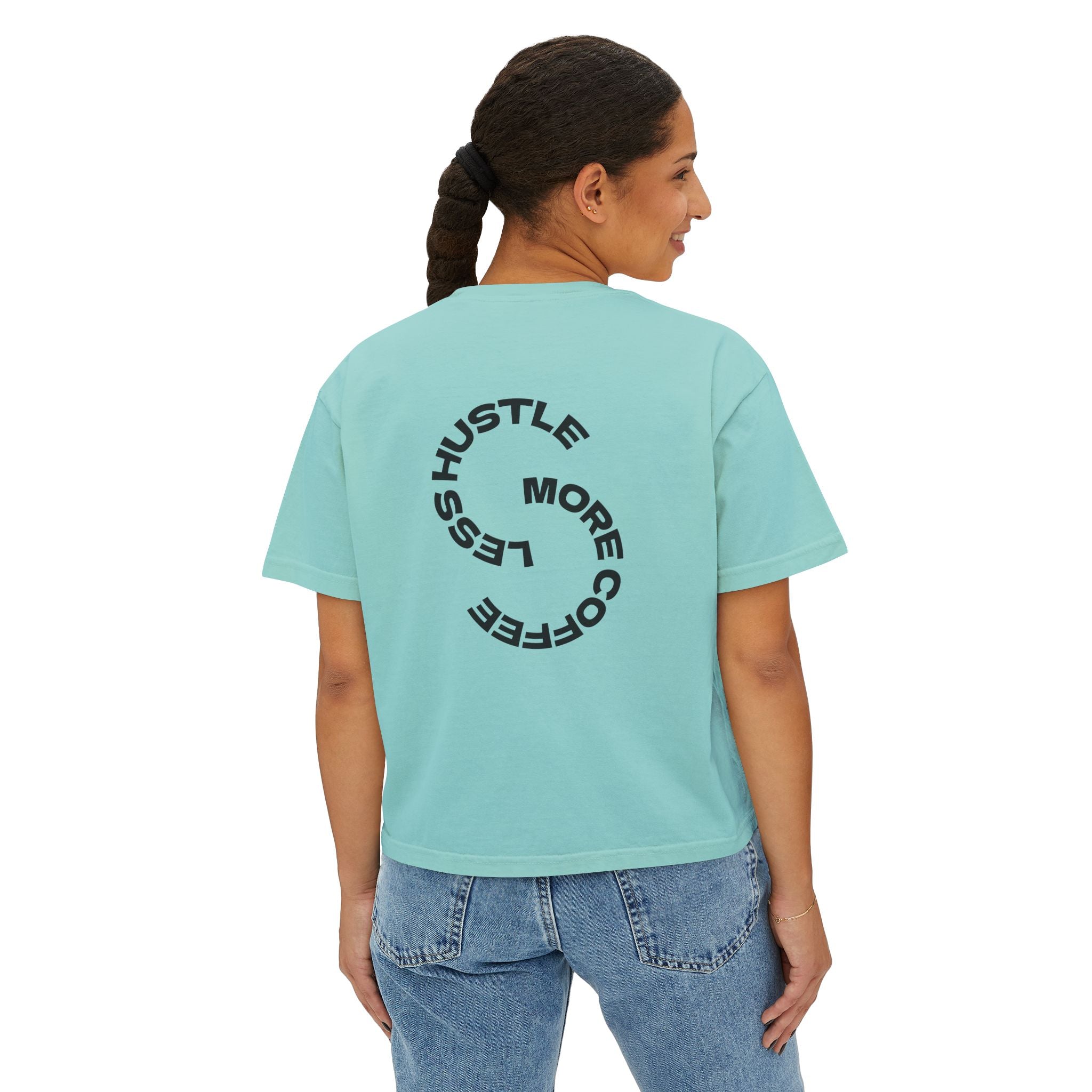 Women's Boxy Tee — "Less Hustle More Coffee" Graphic Crop Shirt
