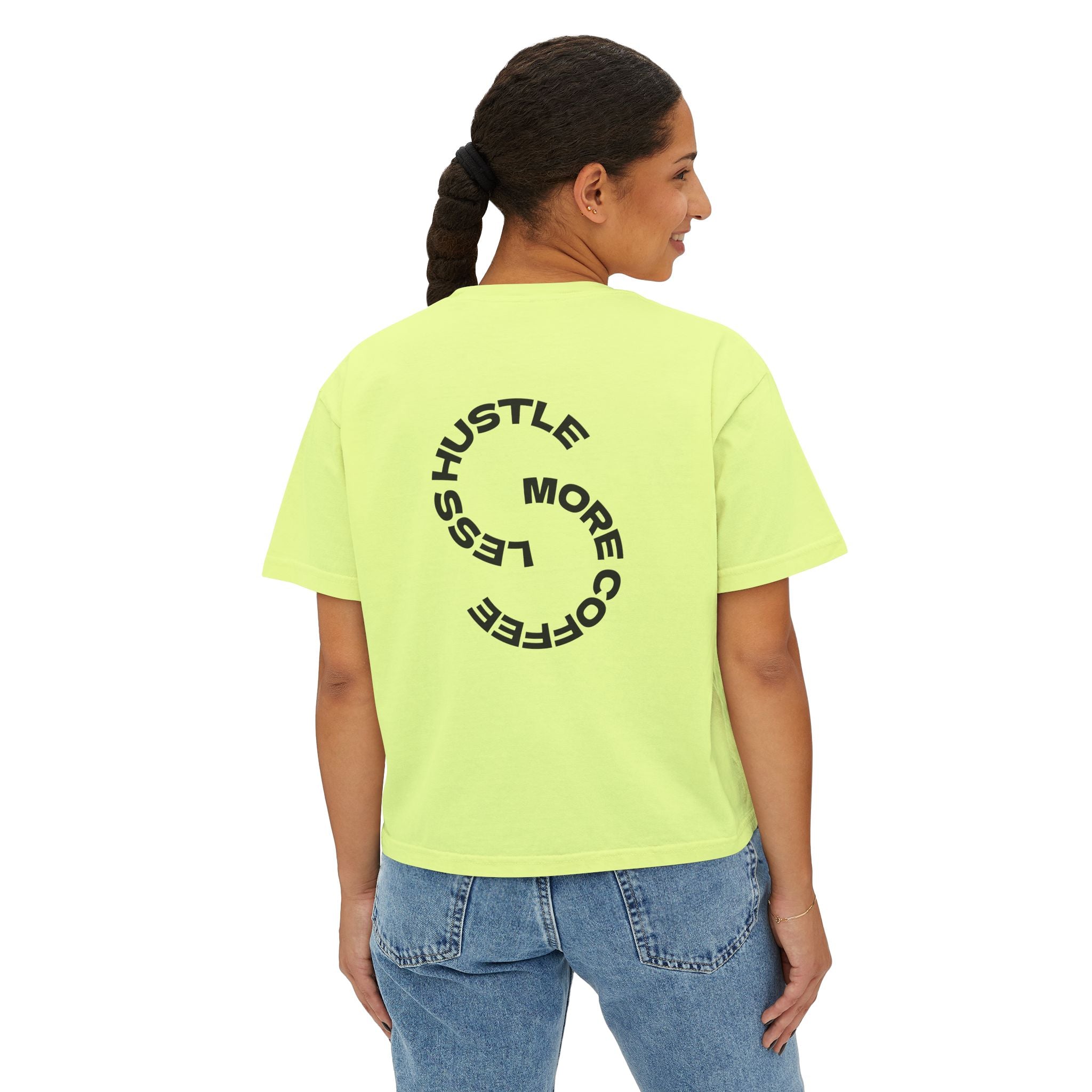 Women's Boxy Tee — "Less Hustle More Coffee" Graphic Crop Shirt