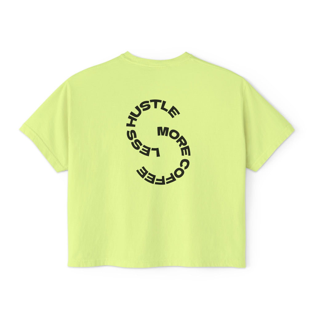 Women's Boxy Tee — "Less Hustle More Coffee" Graphic Crop Shirt