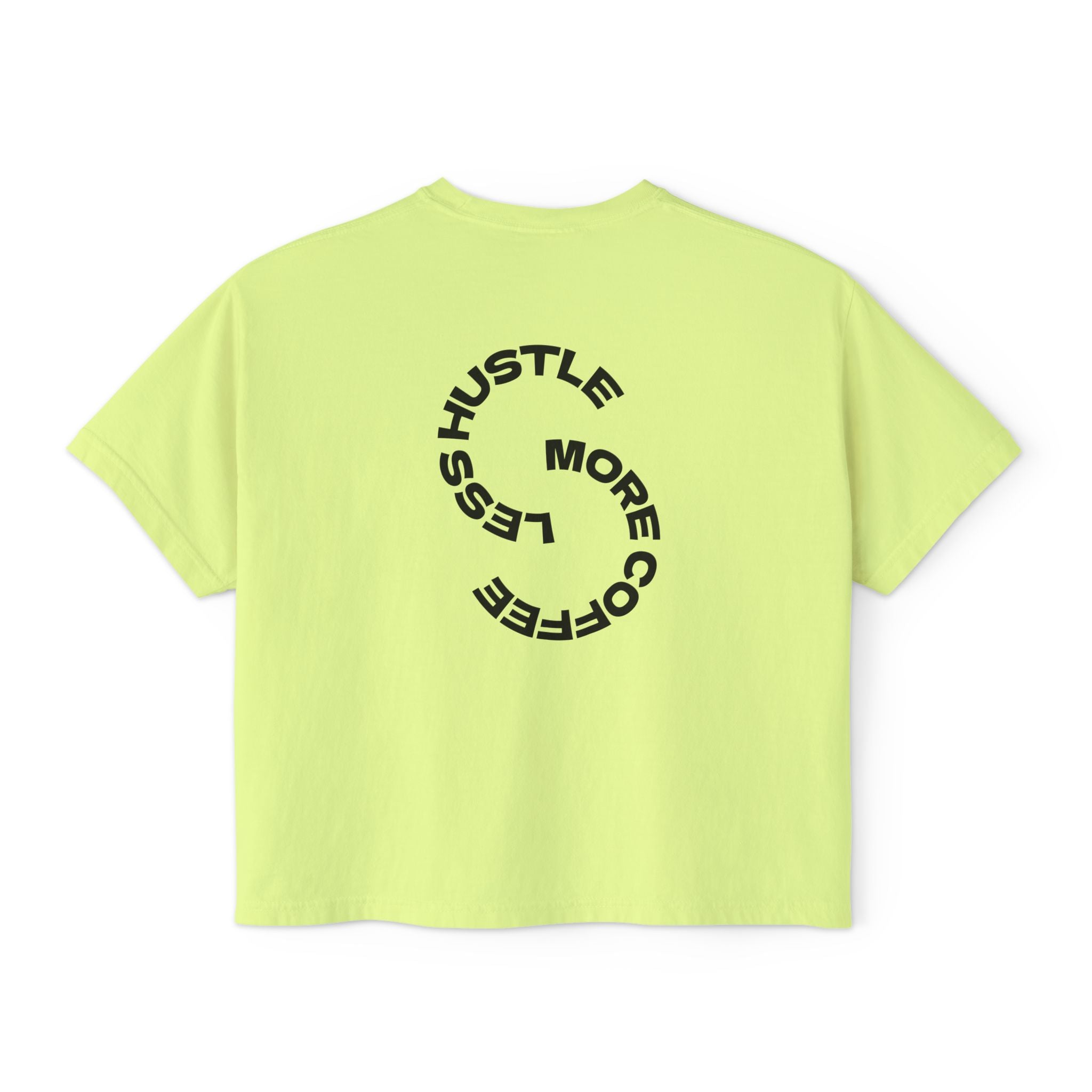 Women's Boxy Tee — "Less Hustle More Coffee" Graphic Crop Shirt