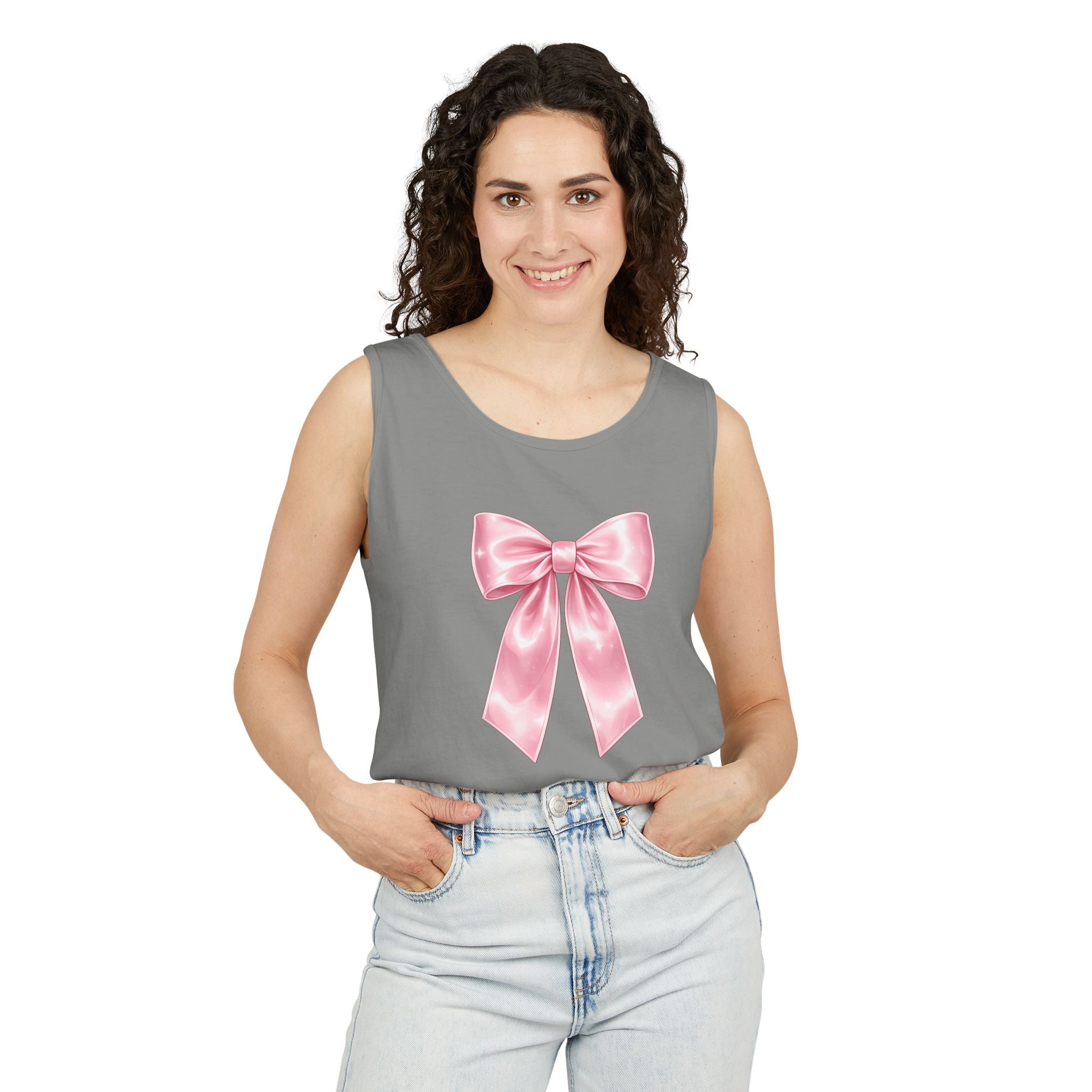 Pink Satin Bow Tank Top — Cute Giftable Ribbon Graphic Tank