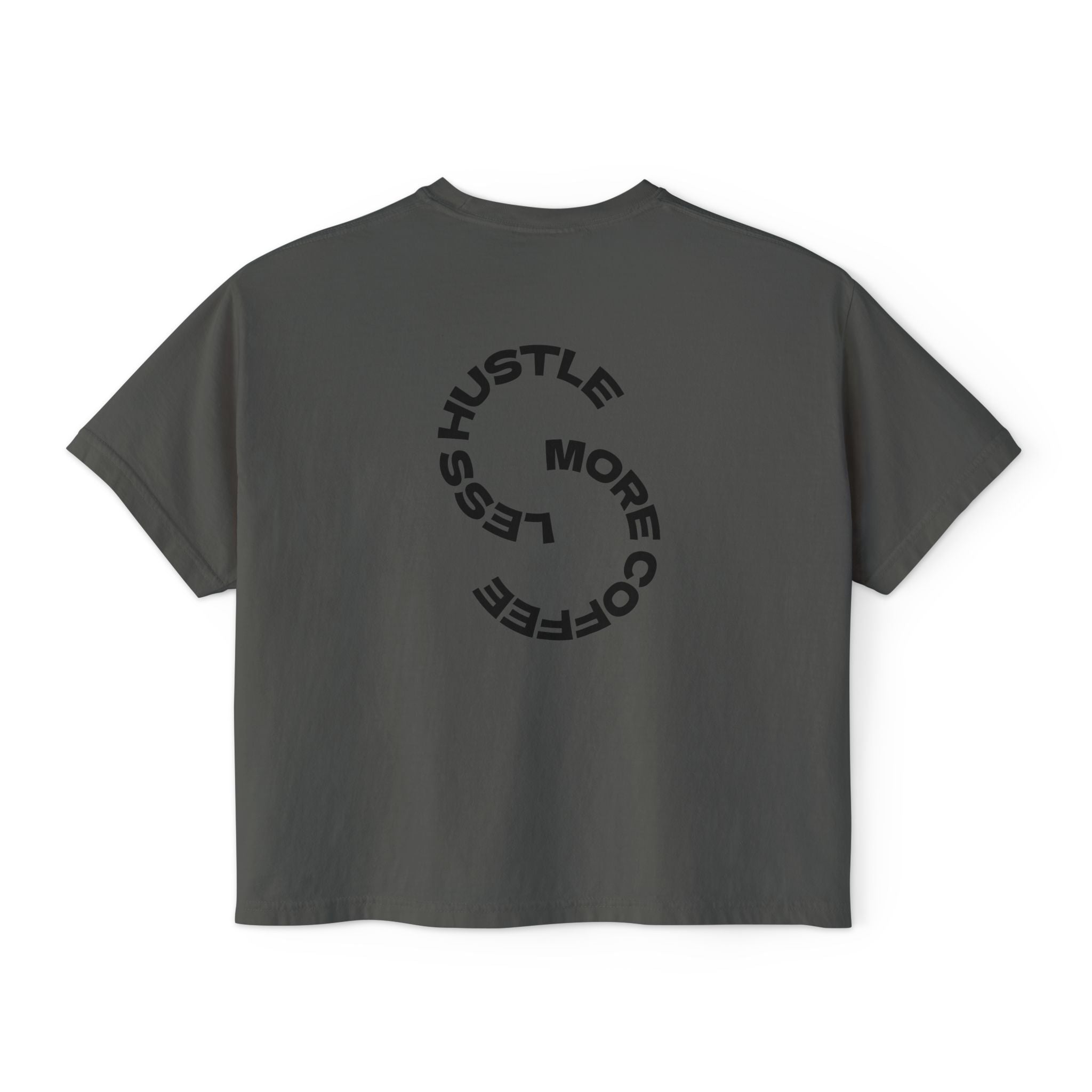 Women's Boxy Tee — "Less Hustle More Coffee" Graphic Crop Shirt