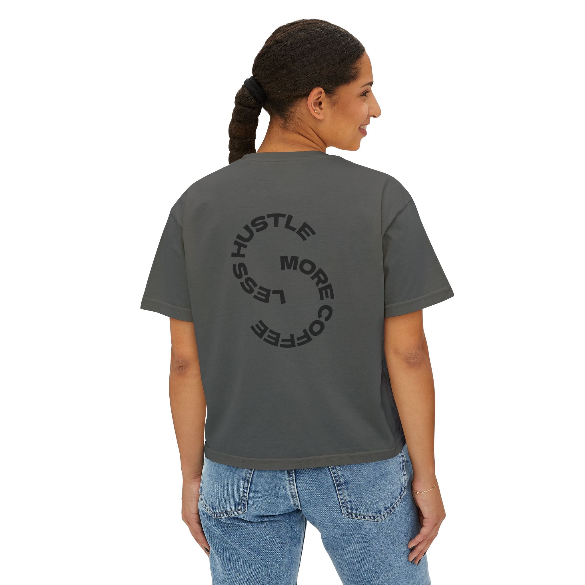 Women's Boxy Tee — "Less Hustle More Coffee" Graphic Crop Shirt