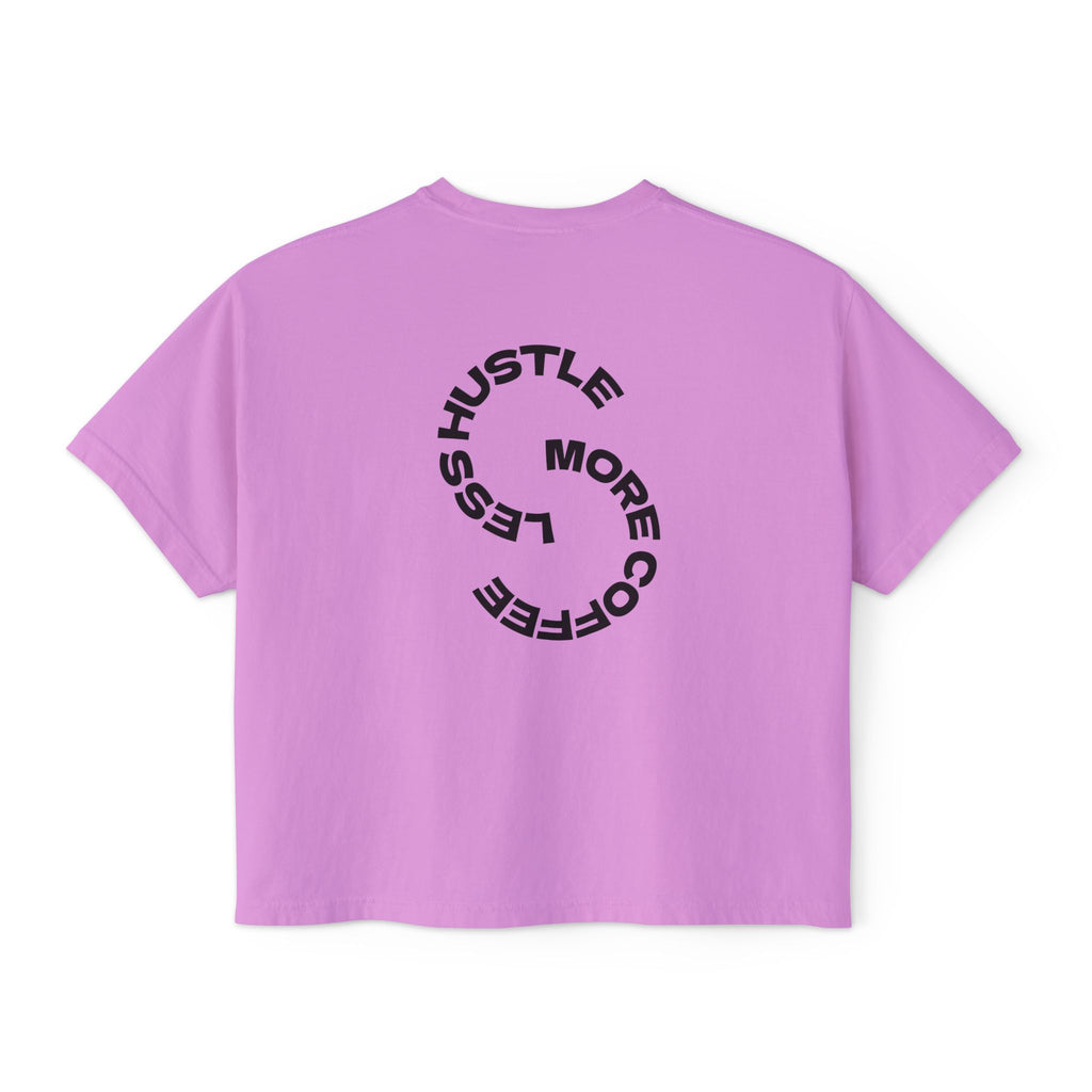 Women's Boxy Tee — "Less Hustle More Coffee" Graphic Crop Shirt