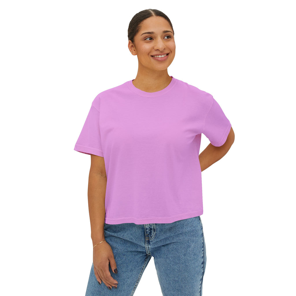 Women's Boxy Tee — "Less Hustle More Coffee" Graphic Crop Shirt