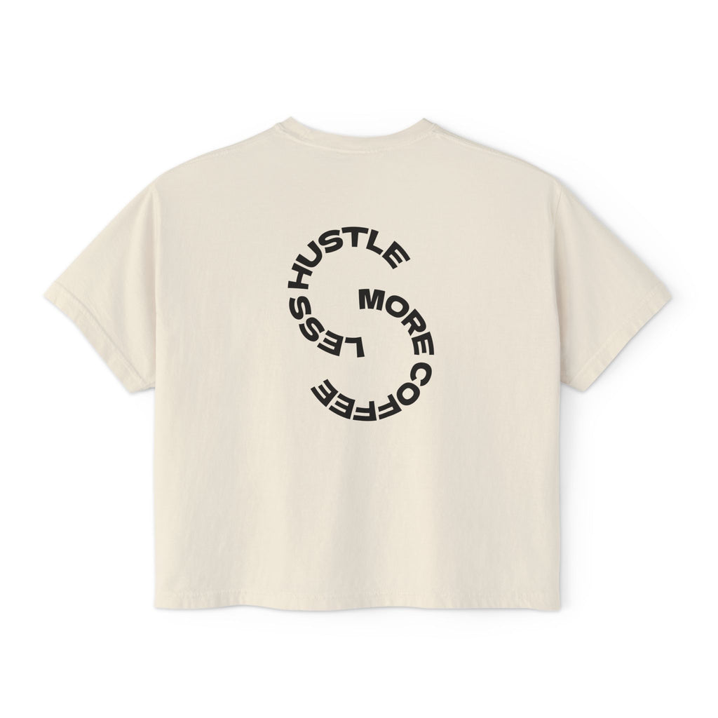 Women's Boxy Tee — "Less Hustle More Coffee" Graphic Crop Shirt