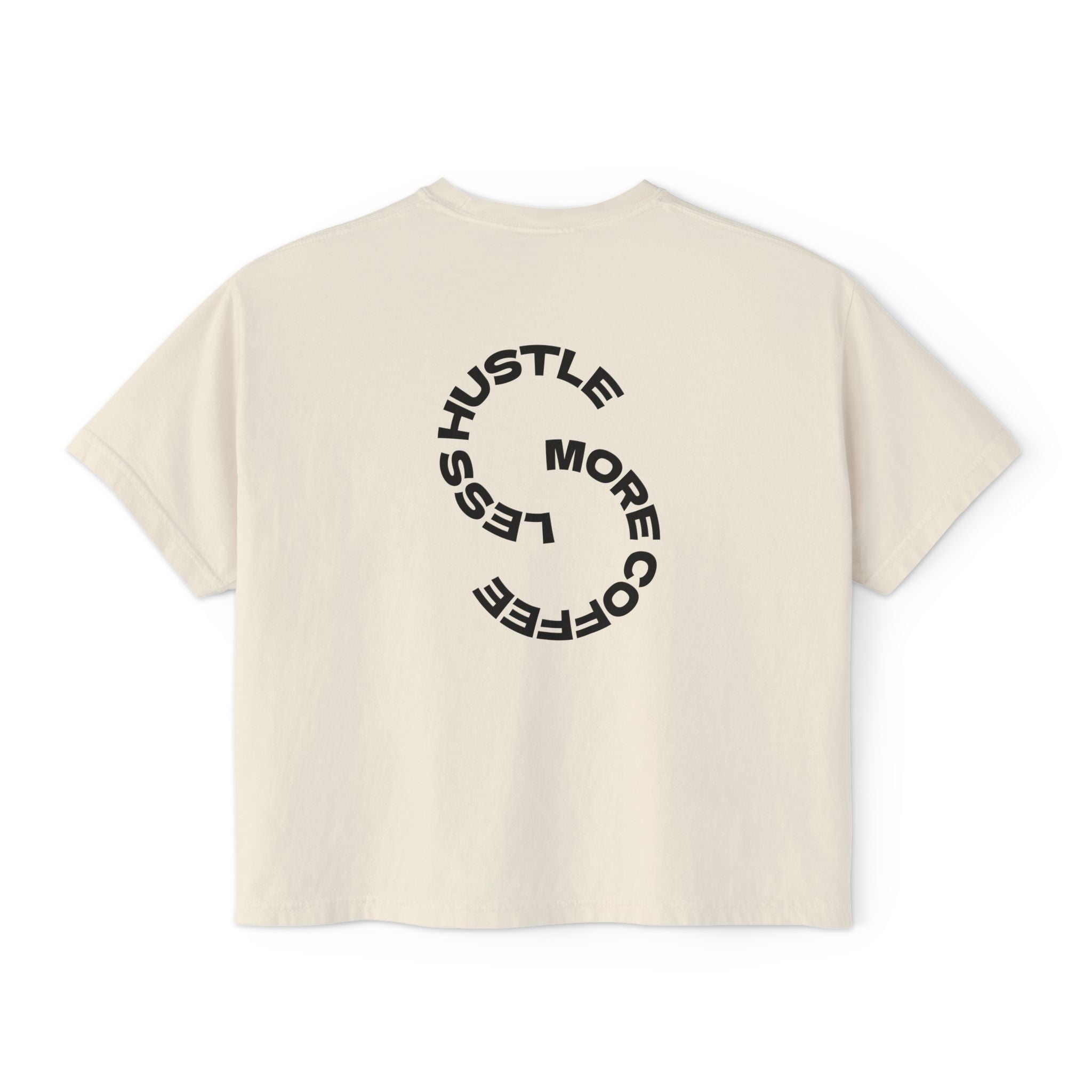 Women's Boxy Tee — "Less Hustle More Coffee" Graphic Crop Shirt