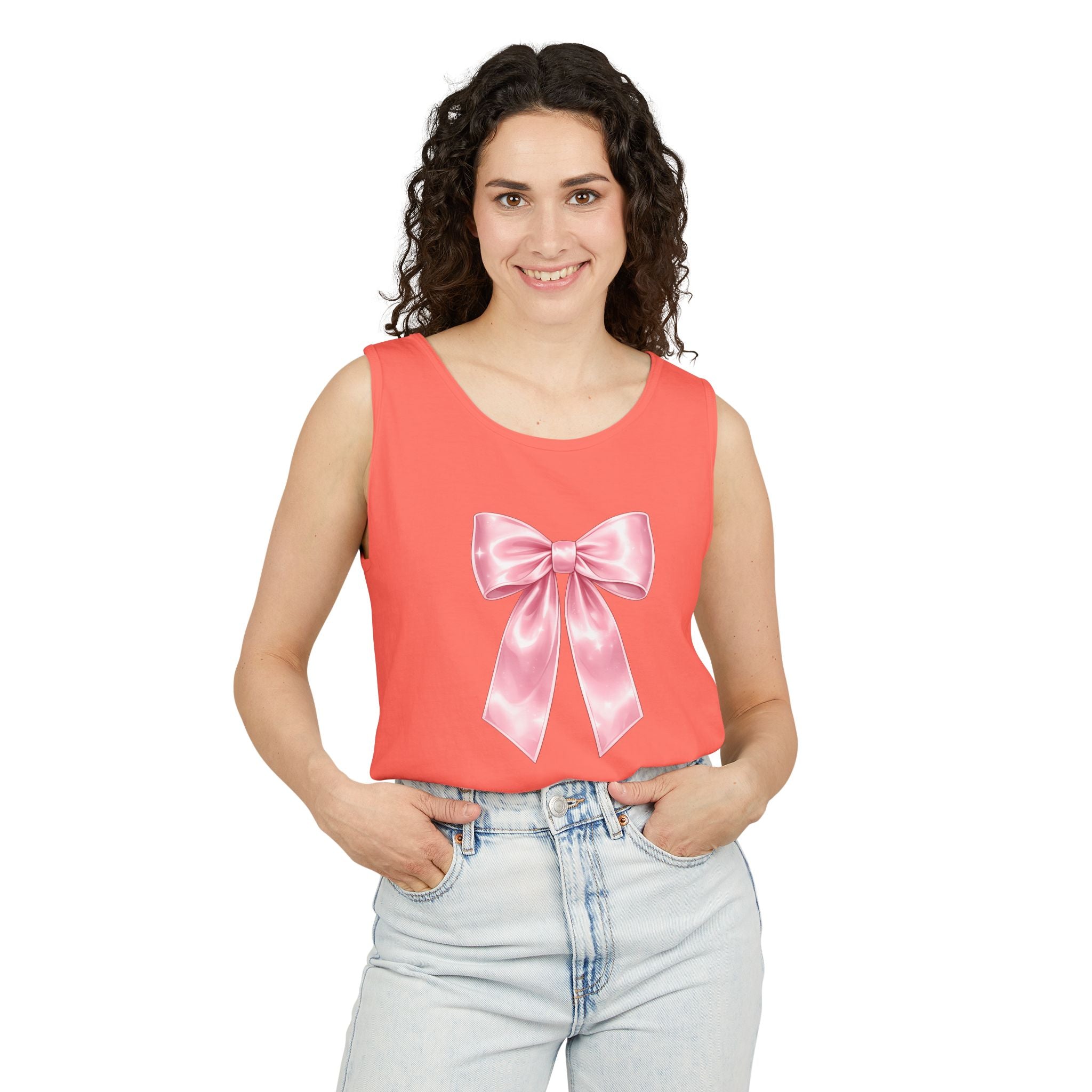 Pink Satin Bow Tank Top — Cute Giftable Ribbon Graphic Tank