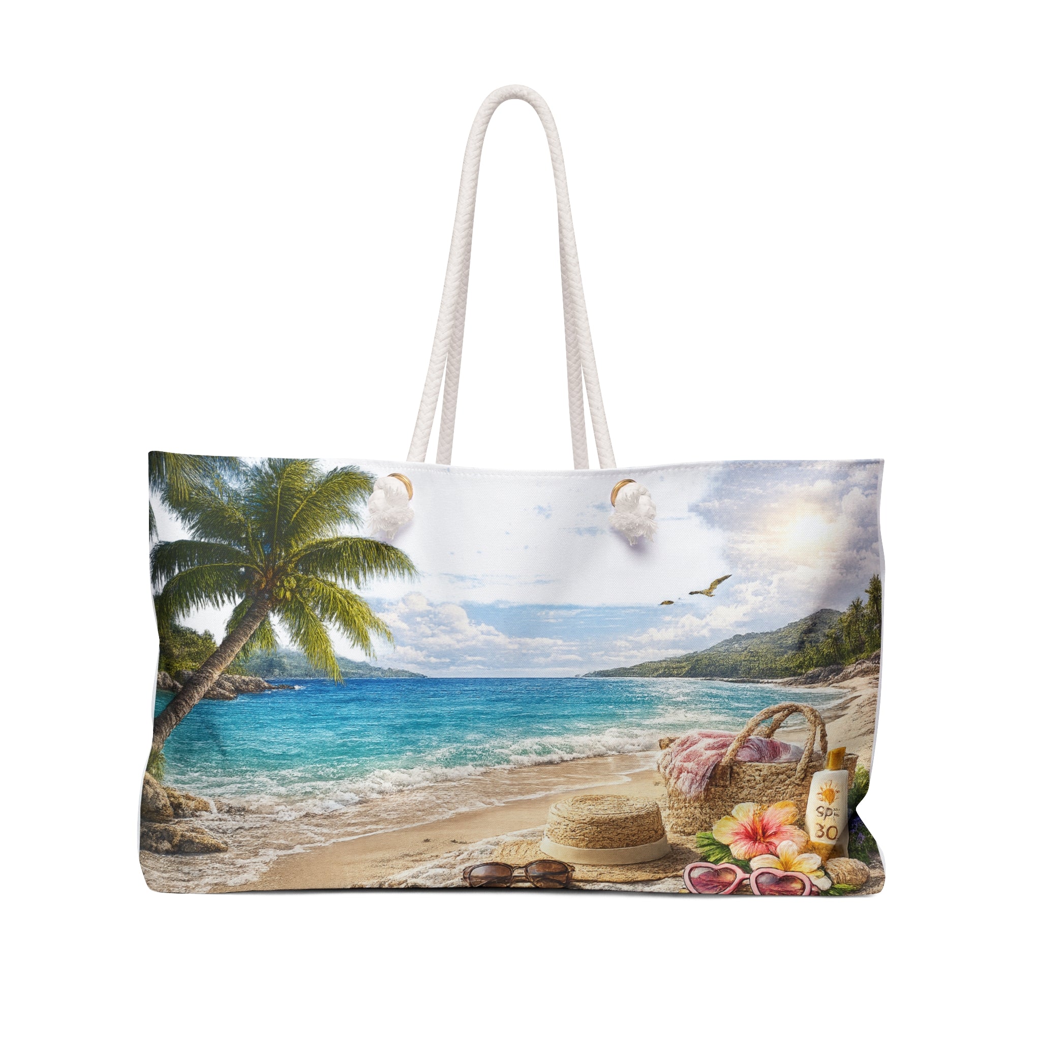 Tropical Beach Weekender Bag – Paradise Seaside Travel Tote with Picnic Basket & Sun Hat Design
