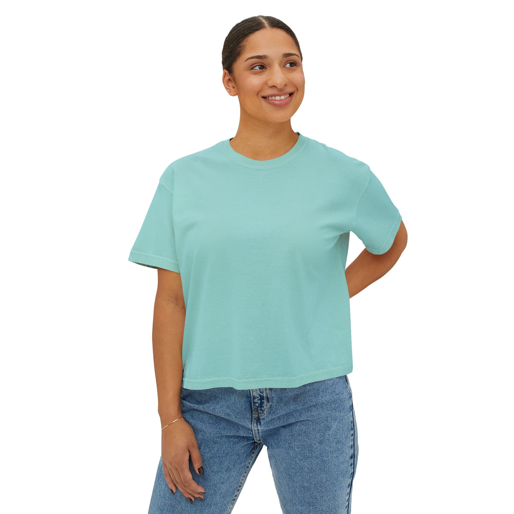 Women's Boxy Tee — "Less Hustle More Coffee" Graphic Crop Shirt