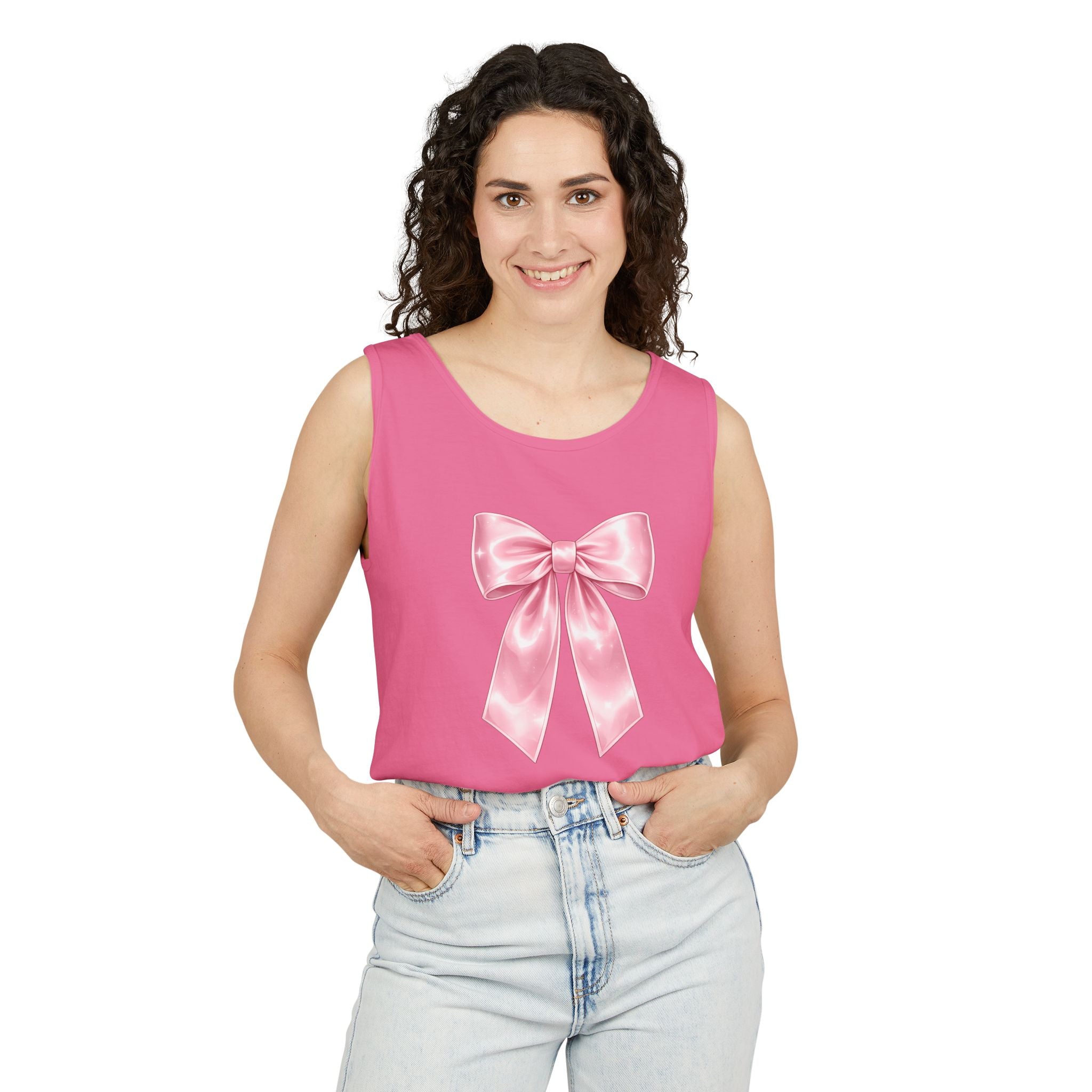 Pink Satin Bow Tank Top — Cute Giftable Ribbon Graphic Tank