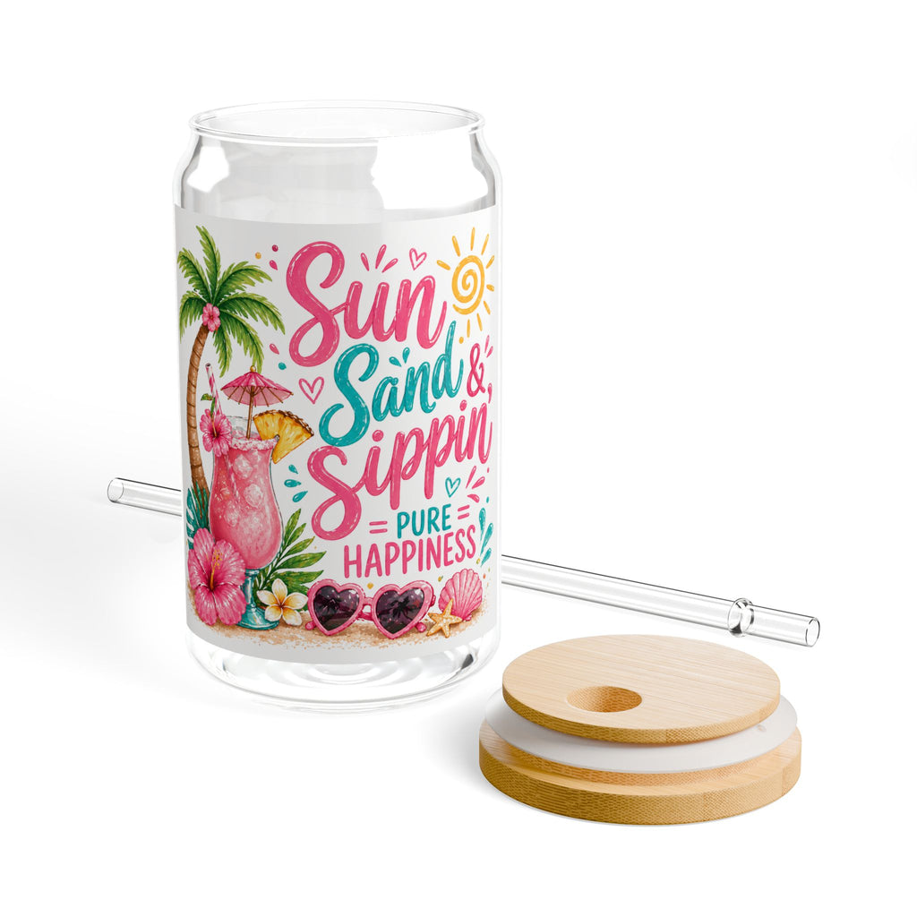 Sipper Glass — “Sun Sand & Sippin’ Pure Happiness” Tropical 16oz Beach Tumbler
