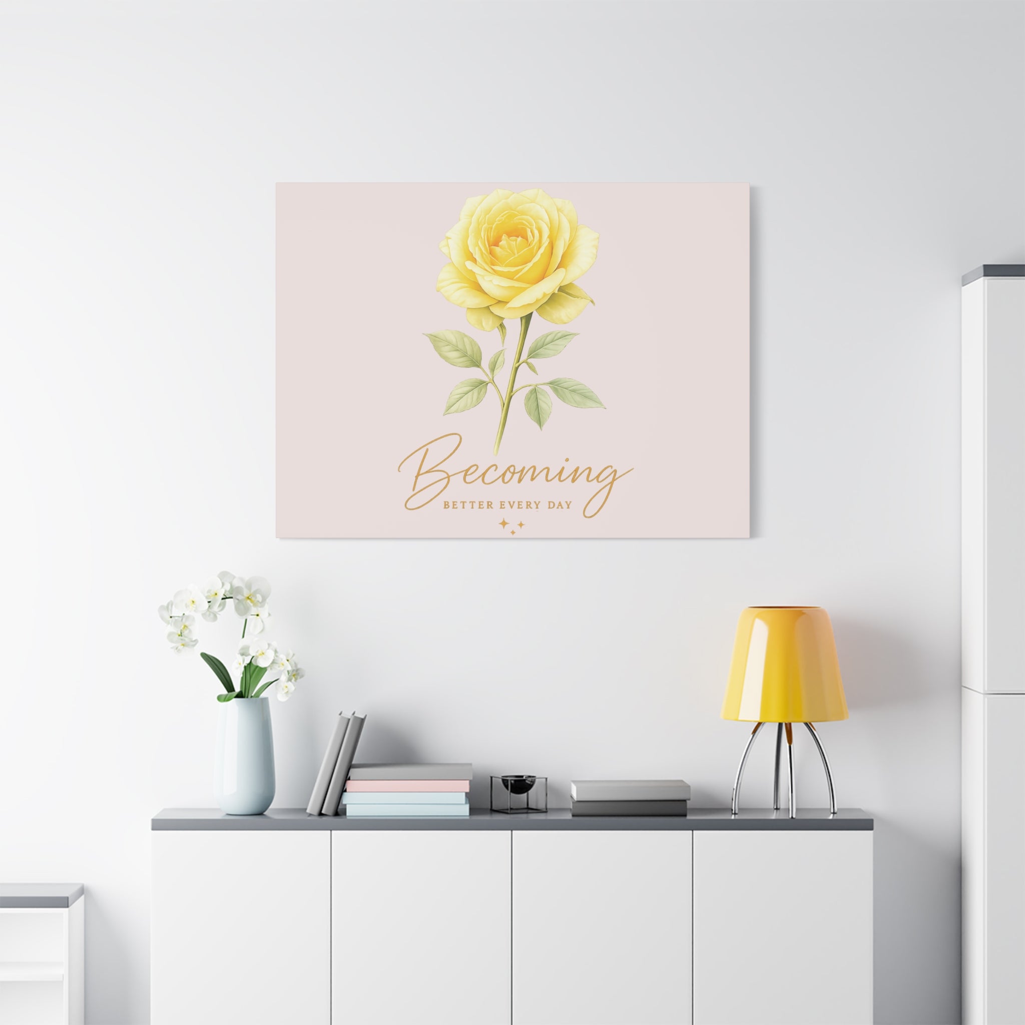 Canvas Wall Art — Yellow Rose "Becoming: Better Every Day" Inspirational Quote