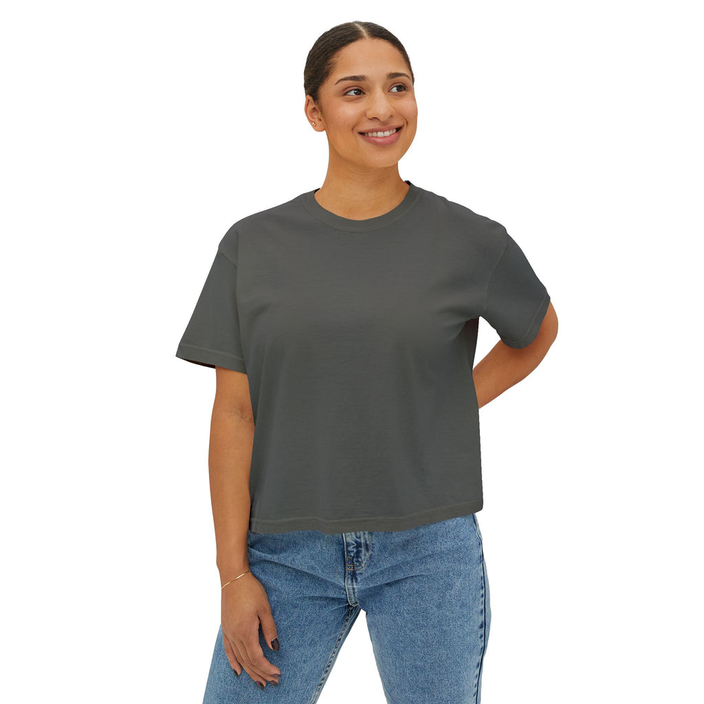 Women's Boxy Tee — "Less Hustle More Coffee" Graphic Crop Shirt