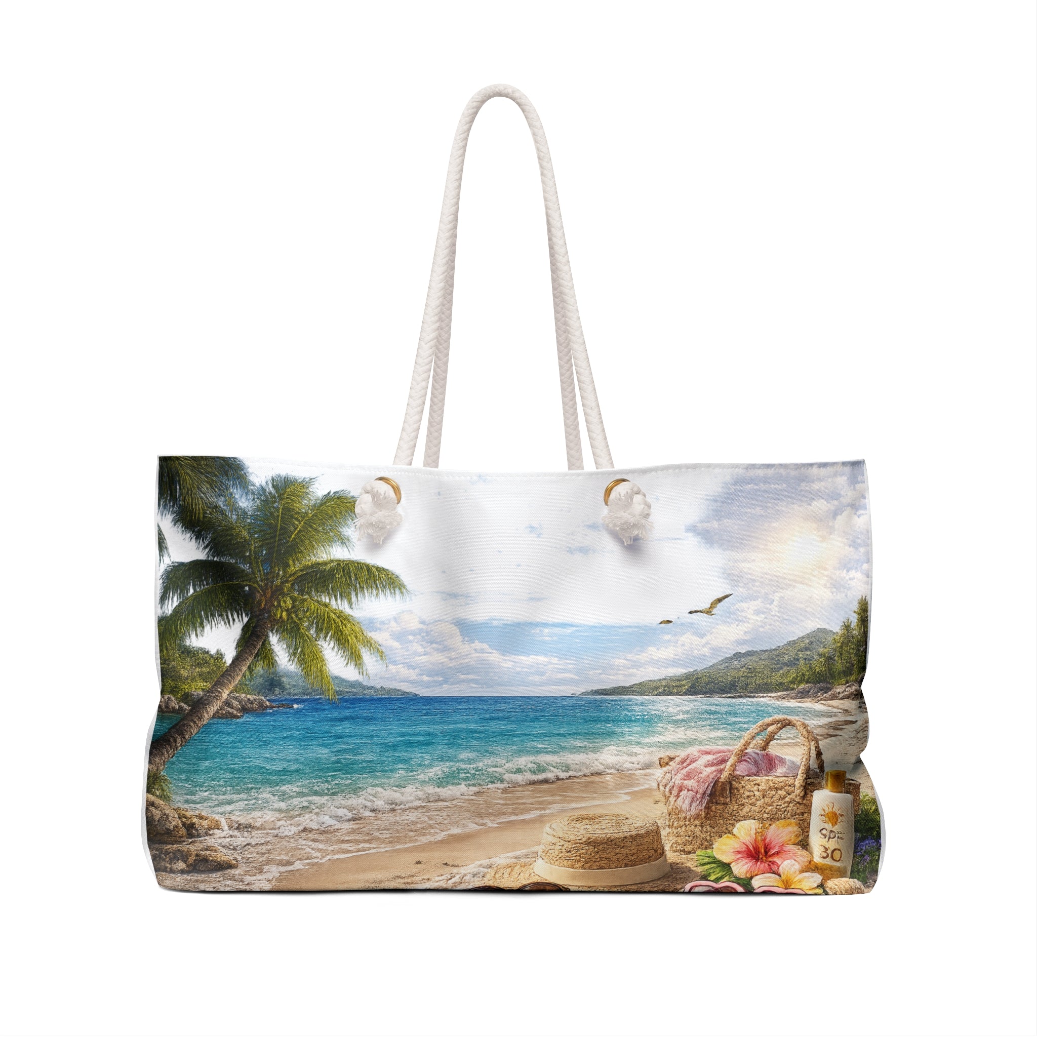 Tropical Beach Weekender Bag – Paradise Seaside Travel Tote with Picnic Basket & Sun Hat Design