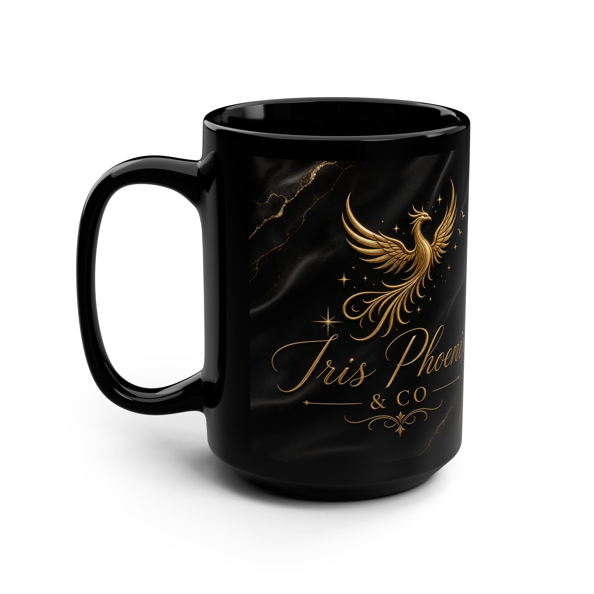 15oz Black Mug — Elegant Gold Phoenix Ceramic Coffee Cup