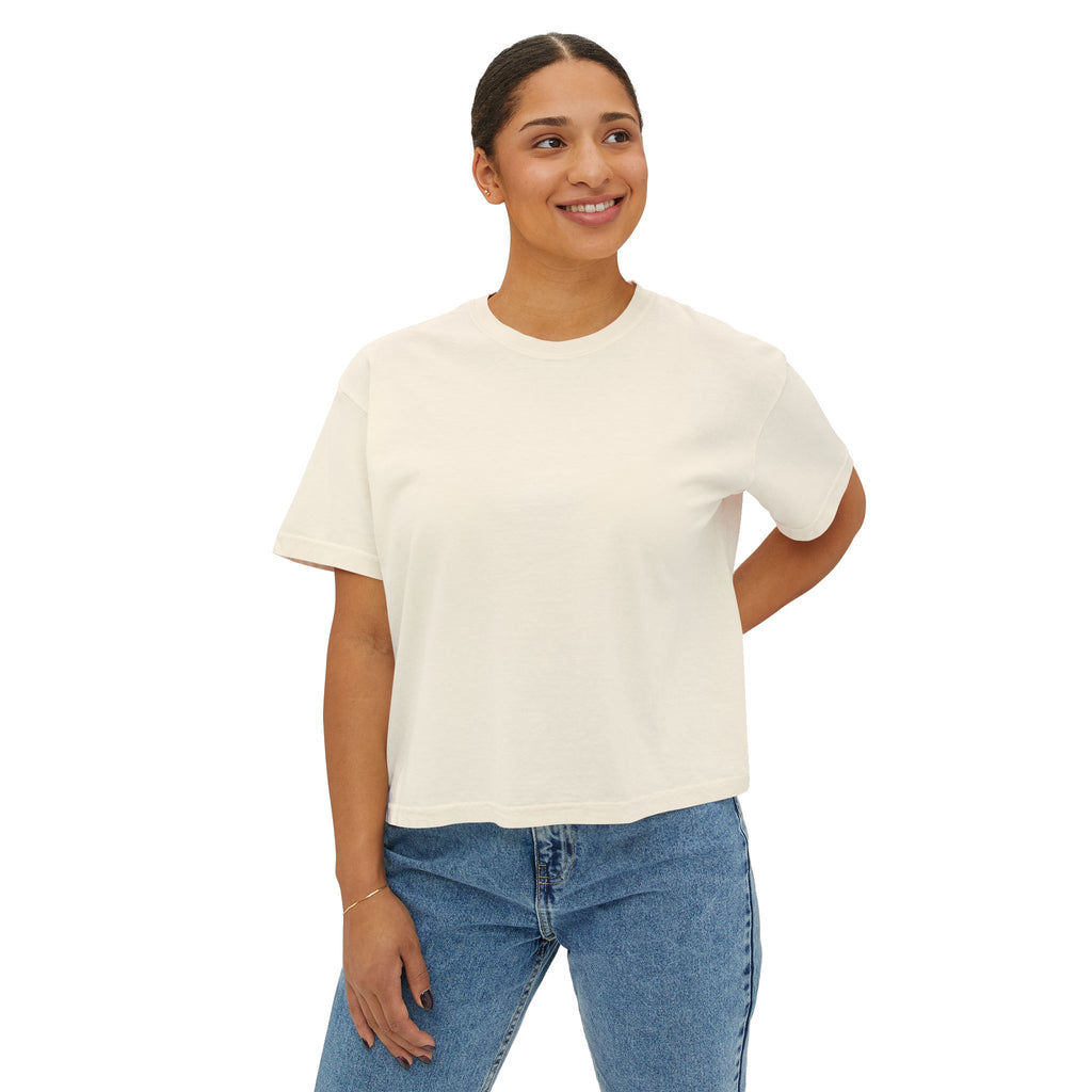 Women's Boxy Tee — "Less Hustle More Coffee" Graphic Crop Shirt
