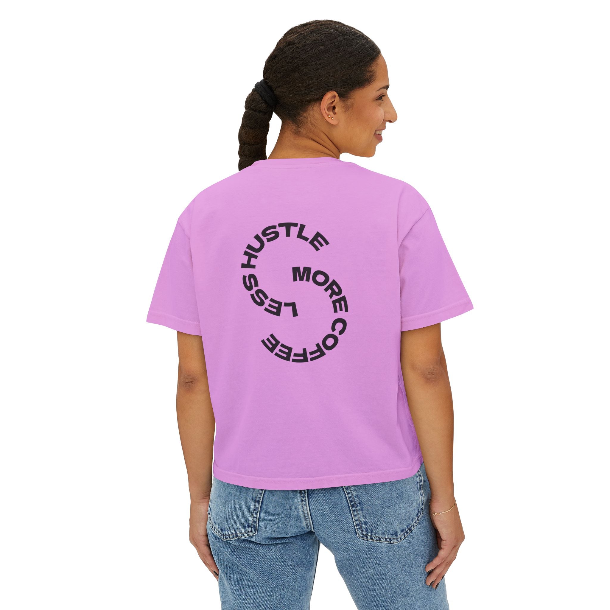 Women's Boxy Tee — "Less Hustle More Coffee" Graphic Crop Shirt
