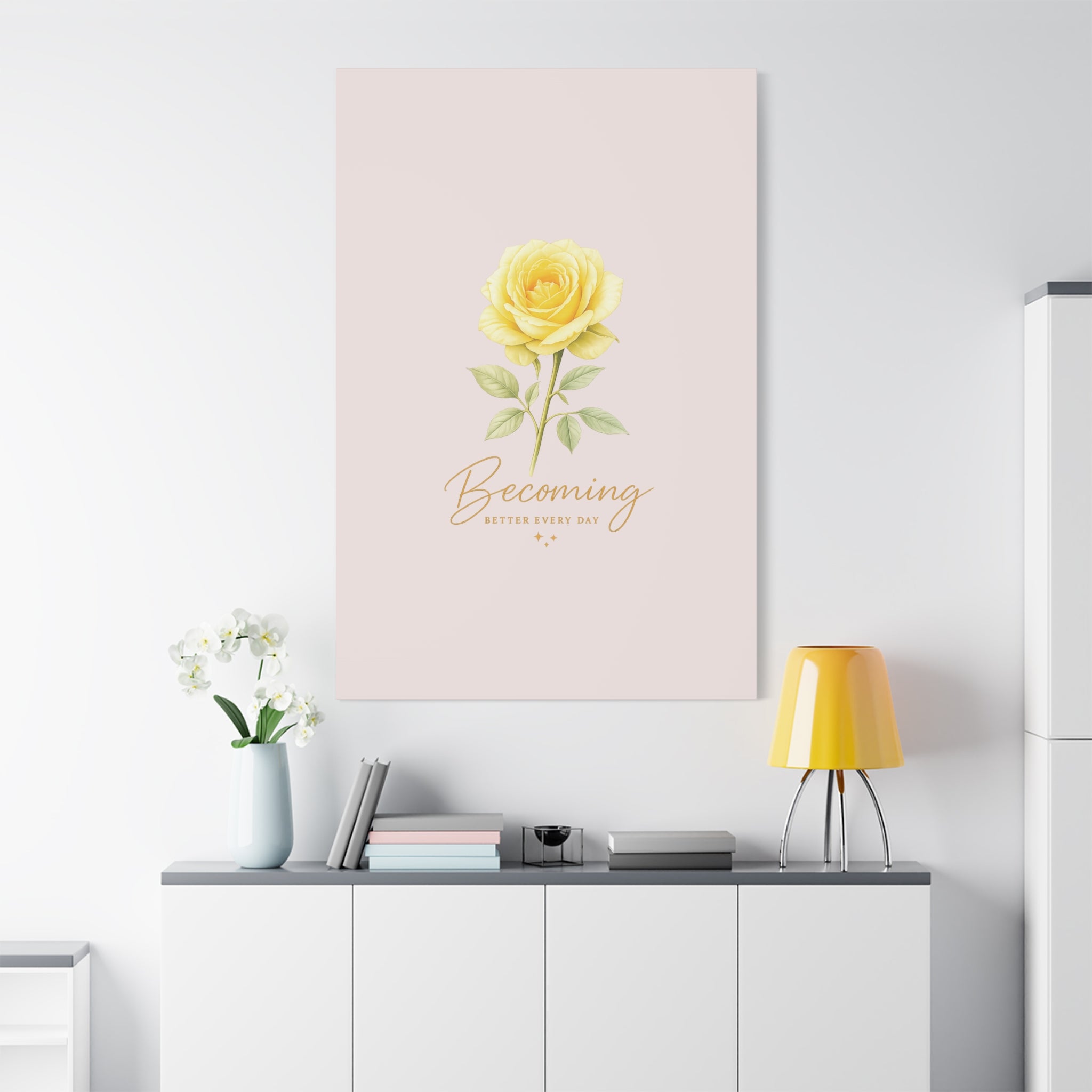 Canvas Wall Art — Yellow Rose "Becoming: Better Every Day" Inspirational Quote