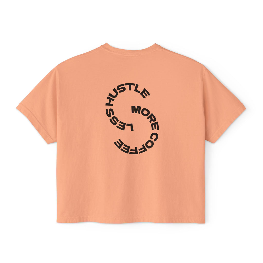 Women's Boxy Tee — "Less Hustle More Coffee" Graphic Crop Shirt