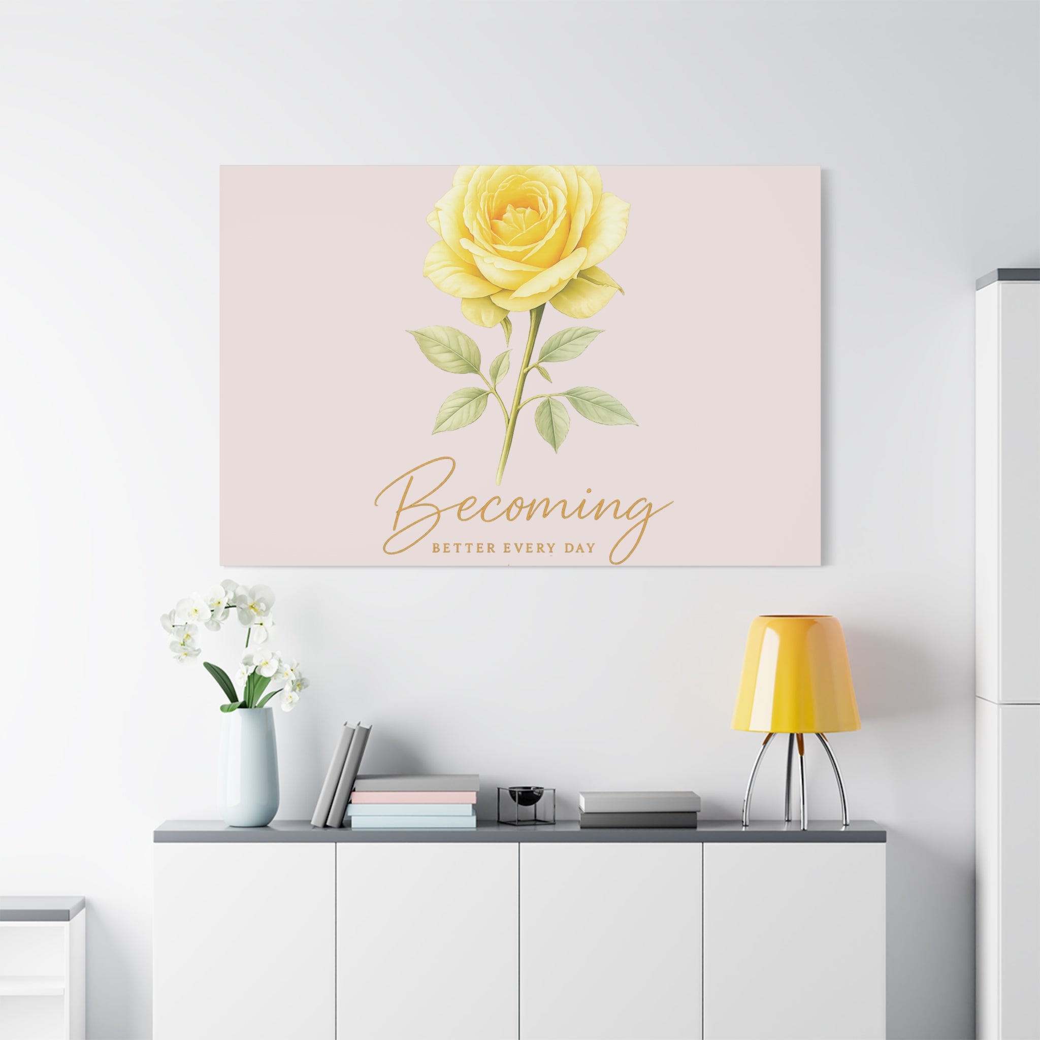 Canvas Wall Art — Yellow Rose "Becoming: Better Every Day" Inspirational Quote