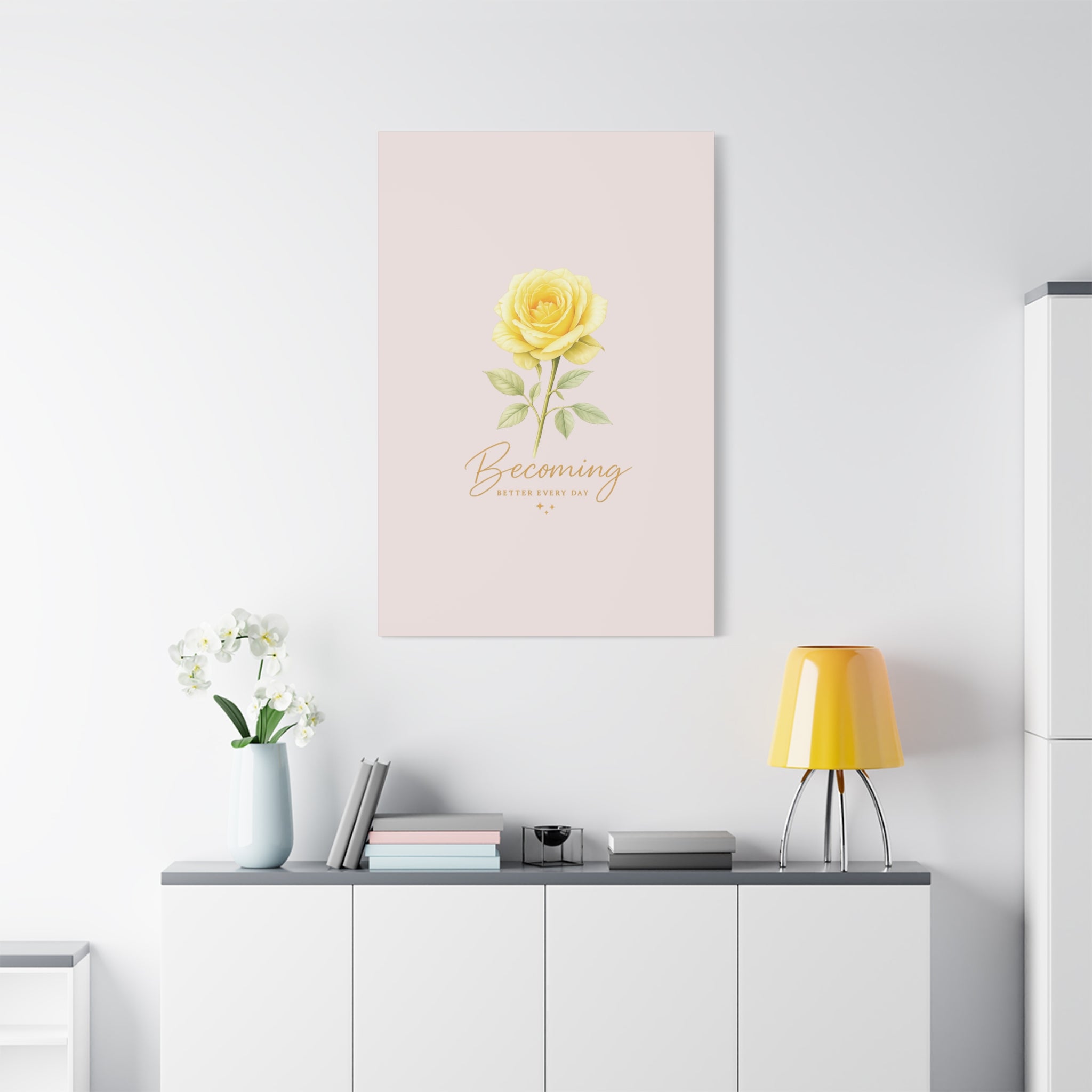 Canvas Wall Art — Yellow Rose "Becoming: Better Every Day" Inspirational Quote