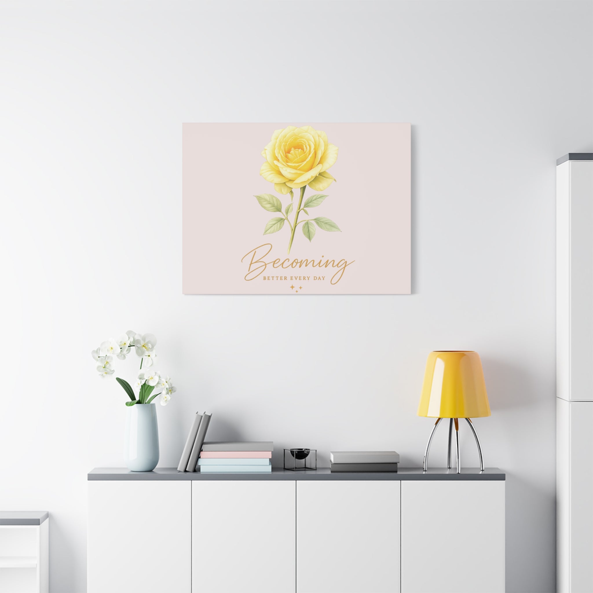 Canvas Wall Art — Yellow Rose "Becoming: Better Every Day" Inspirational Quote