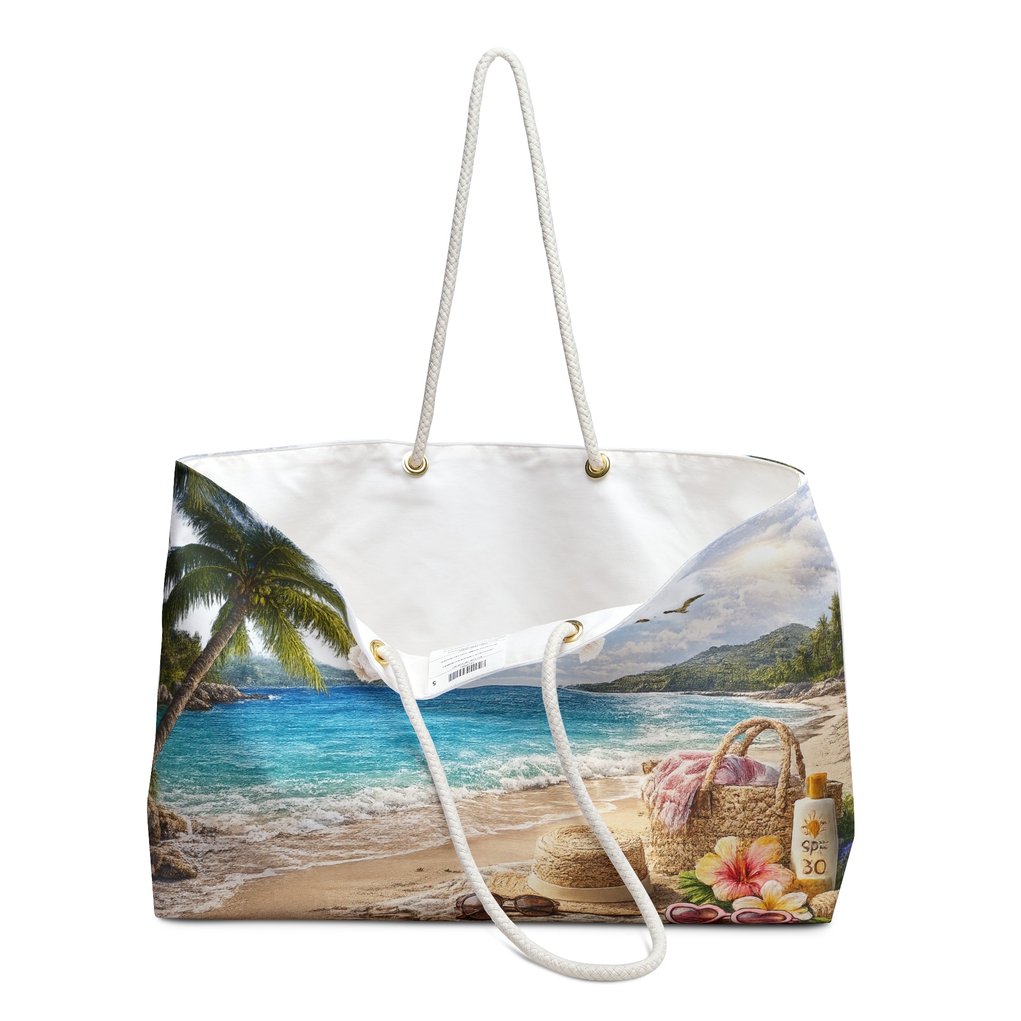 Tropical Beach Weekender Bag – Paradise Seaside Travel Tote with Picnic Basket & Sun Hat Design